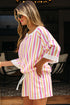 Vertical-Stripe Drop-Shoulder Half-Sleeve Crewneck Contrast-Band Short Set